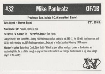 2003 Sun Printing Wisconsin Woodchucks #NNO Mike Pankratz Back