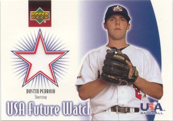 2002 Upper Deck Rookie Update - USA Future Watch Swatches #US-DP Dustin Pedroia Front