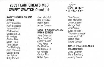2003 Flair Greats #NNO Sweet Swatch Checklist Front