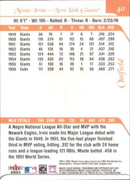 2003 Flair Greats #40 Monte Irvin Back
