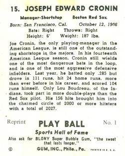 1977 1941 Play Ball Reprint #1 Joe Cronin Back