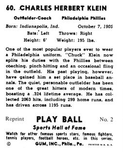 1977 1941 Play Ball Reprint #2 Chuck Klein Back