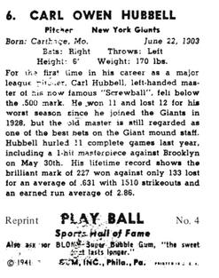 1977 1941 Play Ball Reprint #4 Carl Hubbell Back