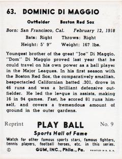 1977 1941 Play Ball Reprint #9 Dom DiMaggio Back