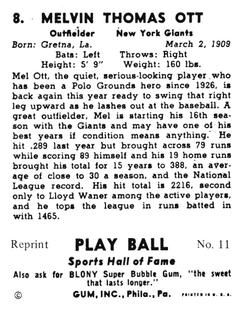 1977 1941 Play Ball Reprint #11 Mel Ott Back