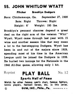 1977 1941 Play Ball Reprint #12 Whit Wyatt Back