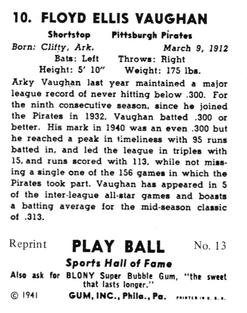 1977 1941 Play Ball Reprint #13 Arky Vaughan Back
