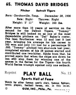 1977 1941 Play Ball Reprint #15 Tommy Bridges Back
