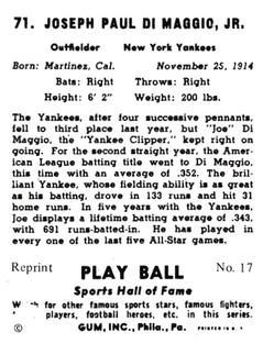 1977 1941 Play Ball Reprint #17 Joe DiMaggio Back