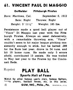 1977 1941 Play Ball Reprint #20 Vince DiMaggio Back