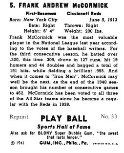 1977 1941 Play Ball Reprint #33 Frank McCormick Back
