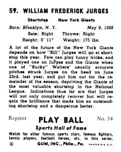 1977 1941 Play Ball Reprint #34 Billy Jurges Back