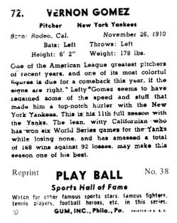 1977 1941 Play Ball Reprint #38 Lefty Gomez Back