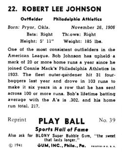 1977 1941 Play Ball Reprint #39 Bob Johnson Back
