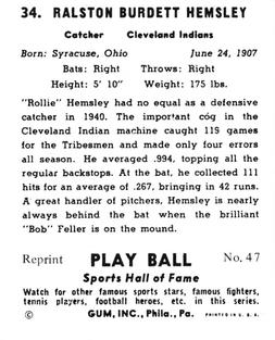 1977 1941 Play Ball Reprint #47 Rollie Hemsley Back
