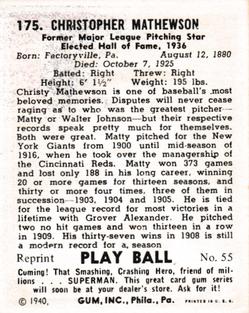 1977 1941 Play Ball Reprint #55 Christy Mathewson Back