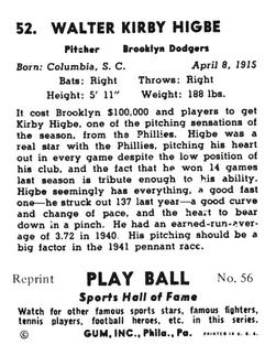 1977 1941 Play Ball Reprint #56 Kirby Higbe Back