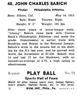 1977 1941 Play Ball Reprint #58 Johnny Babich Back