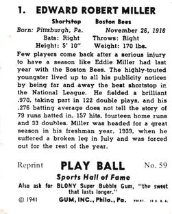 1977 1941 Play Ball Reprint #59 Eddie Miller Back