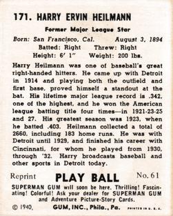 1977 1941 Play Ball Reprint #61 Harry Heilmann Back