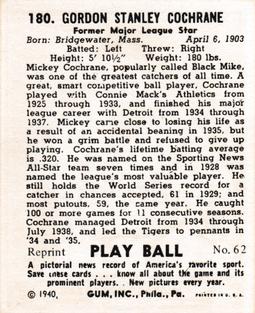 1977 1941 Play Ball Reprint #62 Mickey Cochrane Back