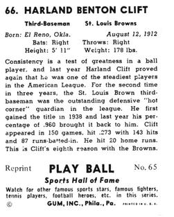 1977 1941 Play Ball Reprint #65 Harlond Clift Back