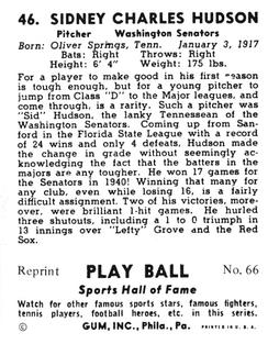 1977 1941 Play Ball Reprint #66 Sid Hudson Back