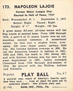 1977 1941 Play Ball Reprint #67 Nap Lajoie Back