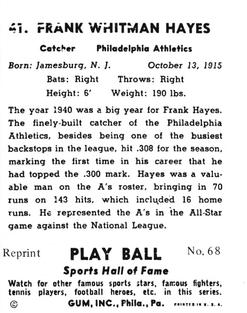1977 1941 Play Ball Reprint #68 Frank Hayes Back