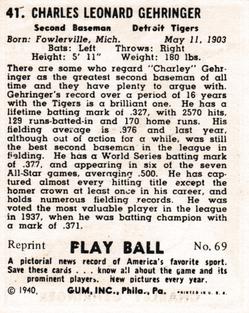 1977 1941 Play Ball Reprint #69 Charlie Gehringer Back
