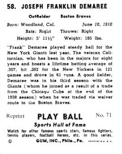 1977 1941 Play Ball Reprint #71 Frank Demaree Back