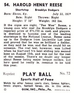 1977 1941 Play Ball Reprint #72 Pee Wee Reese Back