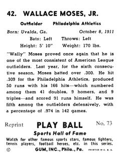 1977 1941 Play Ball Reprint #73 Wally Moses Back