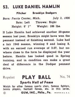 1977 1941 Play Ball Reprint #74 Luke Hamlin Back