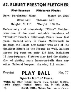 1977 1941 Play Ball Reprint #77 Elbie Fletcher Back