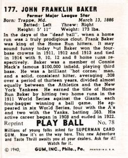 1977 1941 Play Ball Reprint #78 Frank Baker Back
