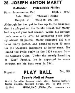 1977 1941 Play Ball Reprint #80 Joe Marty Back