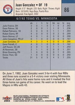 2003 Fleer Box Score #86 Juan Gonzalez Back