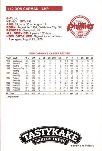 1989 Tastykake Philadelphia Phillies SGA #NNO Don Carman Back