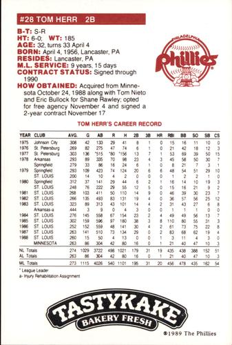 1989 Tastykake Philadelphia Phillies SGA #NNO Tom Herr Back