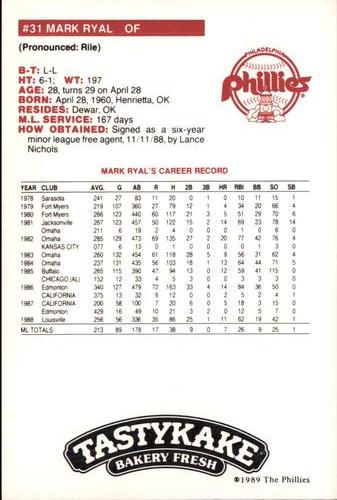 1989 Tastykake Philadelphia Phillies SGA #NNO Mark Ryal Back