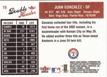 2003 Fleer Double Header #19 Juan Gonzalez Back
