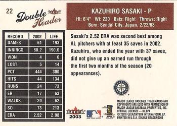 2003 Fleer Double Header #22 Kazuhiro Sasaki Back