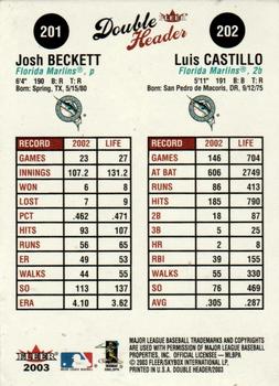 2003 Fleer Double Header #201 / 202 Josh Beckett / Luis Castillo Back