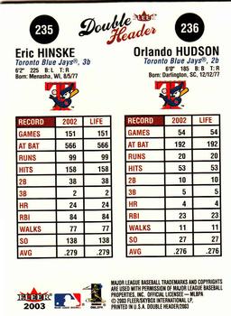 2003 Fleer Double Header #235 / 236 Eric Hinske / Orlando Hudson Back