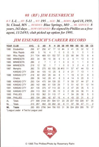 1995 Philadelphia Phillies Photocards #NNO Jim Eisenreich Back