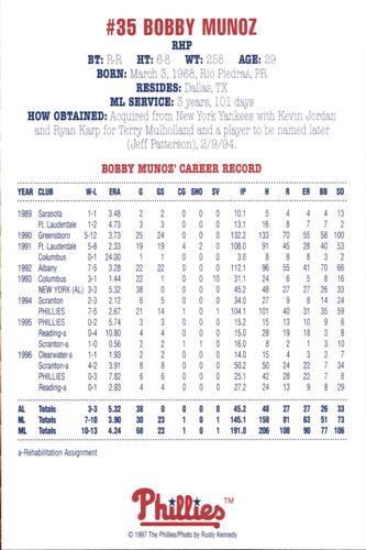 1997 Philadelphia Phillies Photocards #NNO Bobby Munoz Back