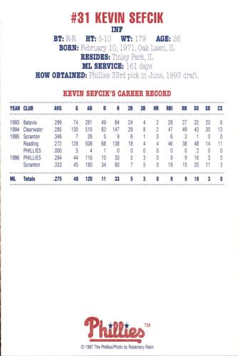 1997 Philadelphia Phillies Photocards #NNO Kevin Sefcik Back