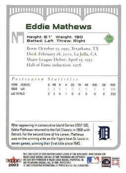 2003 Fleer Fall Classic #3b Eddie Mathews Back