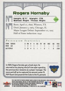 2003 Fleer Fall Classic #33b Rogers Hornsby Back